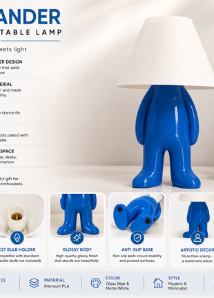 The Stander Lamp | Modern Character Table Lamp with White Fabric Shade & Blue Standing Base | Cute Decorative Bedside Lamp for Bedroom, Living Room, Study Table, Kids Room & Gifting | Warm Ambient Light
