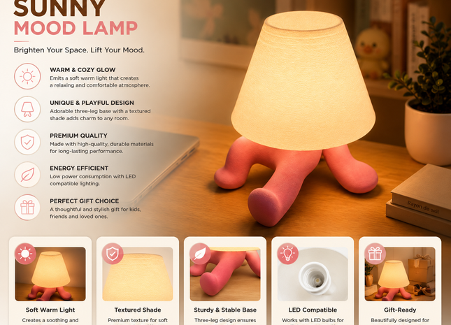 Cute Sunny 3D Printed Table Lamp | Premium PLA Bedside Night Lamp | Modern Ambient Light | Giftonique