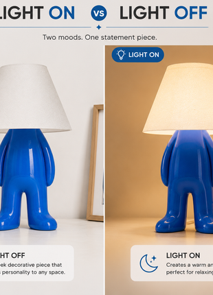 The Stander Lamp | Modern Character Table Lamp with White Fabric Shade & Blue Standing Base | Cute Decorative Bedside Lamp for Bedroom, Living Room, Study Table, Kids Room & Gifting | Warm Ambient Light