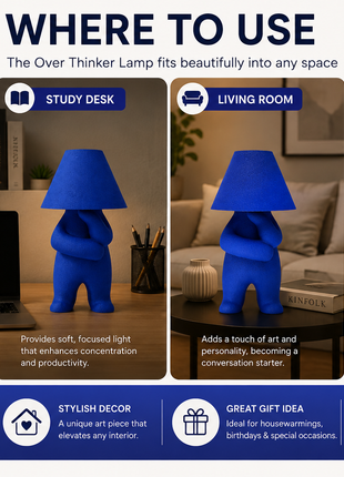 The Overthinker Table Lamp | Modern Blue Character Lamp with Fabric Shade | Cute Decorative Bedside Lamp for Bedroom, Living Room, Study Desk, Kids Room & Gifting | Warm Ambient Night Light