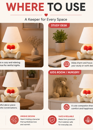 The Heart Keeper Table Lamp | Cute Heart Holding Character Lamp with White Shade | Decorative Bedside Lamp for Bedroom, Living Room, Kids Room, Study Table & Gifting | Warm Ambient Light