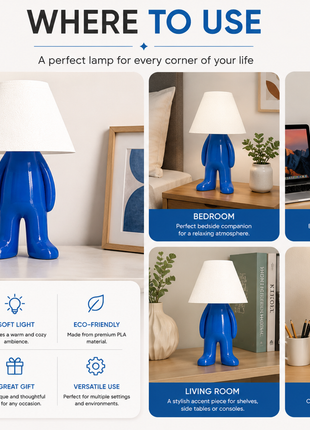 The Stander Lamp | Modern Character Table Lamp with White Fabric Shade & Blue Standing Base | Cute Decorative Bedside Lamp for Bedroom, Living Room, Study Table, Kids Room & Gifting | Warm Ambient Light