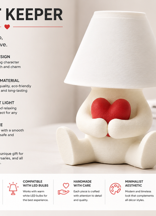 The Heart Keeper Table Lamp | Cute Heart Holding Character Lamp with White Shade | Decorative Bedside Lamp for Bedroom, Living Room, Kids Room, Study Table & Gifting | Warm Ambient Light