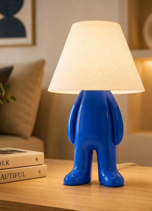 The Stander Lamp | Modern Character Table Lamp with White Fabric Shade & Blue Standing Base | Cute Decorative Bedside Lamp for Bedroom, Living Room, Study Table, Kids Room & Gifting | Warm Ambient Light