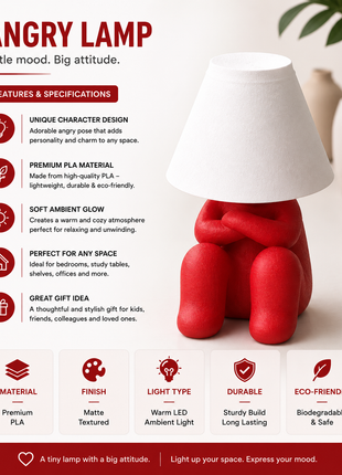 Angry Mood Lamp | Cute Red Character Table Lamp with White Shade | Decorative Bedside Night Lamp for Bedroom, Kids Room, Study Table, Living Room & Gifting | Warm Ambient Light
