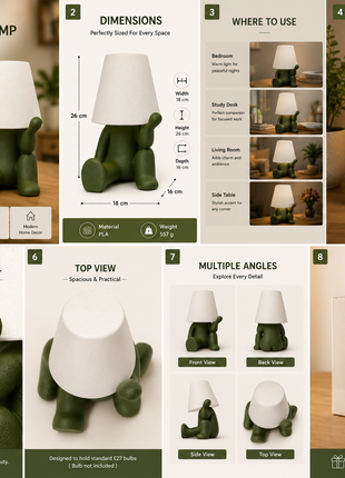 Delulu Lamp | Cute Green Character Table Lamp with White Shade | Decorative Bedside Night Lamp for Bedroom, Kids Room, Study Table, Living Room & Gifting | Warm Ambient Light