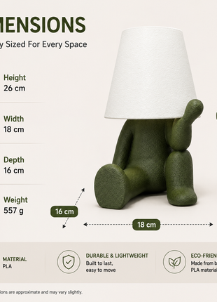 Delulu Lamp | Cute Green Character Table Lamp with White Shade | Decorative Bedside Night Lamp for Bedroom, Kids Room, Study Table, Living Room & Gifting | Warm Ambient Light