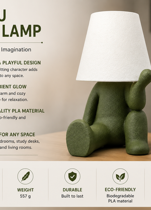 Delulu Lamp | Cute Green Character Table Lamp with White Shade | Decorative Bedside Night Lamp for Bedroom, Kids Room, Study Table, Living Room & Gifting | Warm Ambient Light