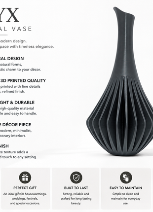 Calyx Vase | Modern Black Decorative Vase with Ribbed Sculptural Design | Elegant Flower Vase for Living Room, Bedroom, Dining Table, Office Desk, Console Table & Home Décor