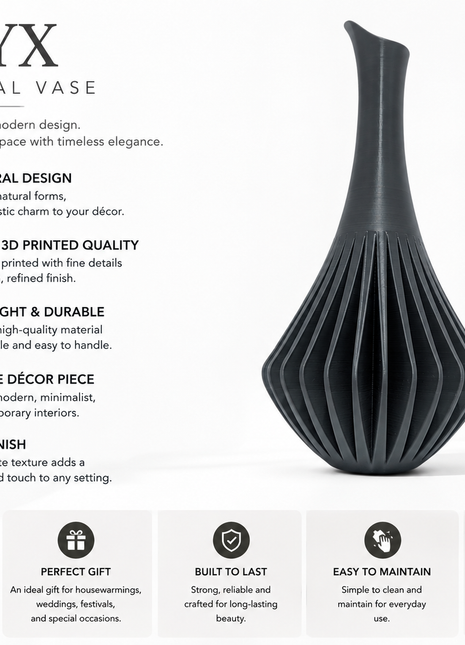 Calyx Vase | Modern Black Decorative Vase with Ribbed Sculptural Design | Elegant Flower Vase for Living Room, Bedroom, Dining Table, Office Desk, Console Table & Home Décor