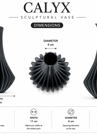 Calyx Vase | Modern Black Decorative Vase with Ribbed Sculptural Design | Elegant Flower Vase for Living Room, Bedroom, Dining Table, Office Desk, Console Table & Home Décor