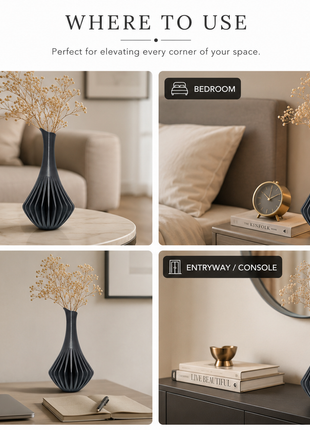 Calyx Vase | Modern Black Decorative Vase with Ribbed Sculptural Design | Elegant Flower Vase for Living Room, Bedroom, Dining Table, Office Desk, Console Table & Home Décor