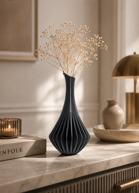 Calyx Vase | Modern Black Decorative Vase with Ribbed Sculptural Design | Elegant Flower Vase for Living Room, Bedroom, Dining Table, Office Desk, Console Table & Home Décor