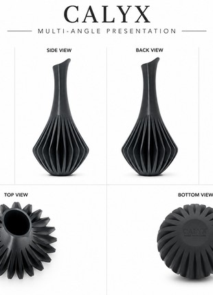 Calyx Vase | Modern Black Decorative Vase with Ribbed Sculptural Design | Elegant Flower Vase for Living Room, Bedroom, Dining Table, Office Desk, Console Table & Home Décor