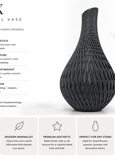 Apex Vase | Modern Black Decorative Vase with Geometric Lattice Design | Premium Flower Vase for Living Room, Bedroom, Office Desk, Dining Table & Home Décor | Elegant Table Centerpiece