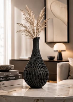 Apex Vase | Modern Black Decorative Vase with Geometric Lattice Design | Premium Flower Vase for Living Room, Bedroom, Office Desk, Dining Table & Home Décor | Elegant Table Centerpiece