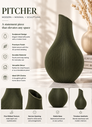 Pitcher Vase | Modern Green Decorative Vase with Ribbed Sculptural Design | Elegant Flower Vase for Living Room, Bedroom, Dining Table, Office Desk, Console Table & Home Décor