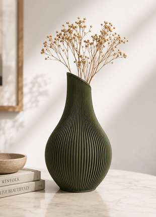 Pitcher Vase | Modern Green Decorative Vase with Ribbed Sculptural Design | Elegant Flower Vase for Living Room, Bedroom, Dining Table, Office Desk, Console Table & Home Décor