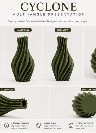 Cyclone Vase | Modern Green Decorative Vase with Spiral Sculptural Design | Elegant Flower Vase for Living Room, Bedroom, Dining Table, Office Desk, Console Table & Home Décor