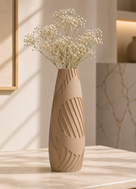 Monolith Vase | Tall Beige Decorative Vase with Modern Cutout Pattern | Elegant Flower Vase for Living Room, Bedroom, Dining Table, Console Table, Office Desk & Home Décor
