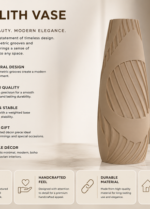 Monolith Vase | Tall Beige Decorative Vase with Modern Cutout Pattern | Elegant Flower Vase for Living Room, Bedroom, Dining Table, Console Table, Office Desk & Home Décor