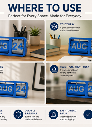 Calendar Blue Flip Desk Calendar | Manual Perpetual Calendar with Month & Date Display | Decorative Table Calendar for Office Desk, Study Table, Bedside Table, Home Décor & Gifting