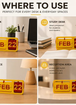 Yellow Red Flip Desk Calendar | Manual Perpetual Calendar with Month & Date Display | Decorative Table Calendar for Office Desk, Study Table, Bedside Table, Home Décor & Gifting