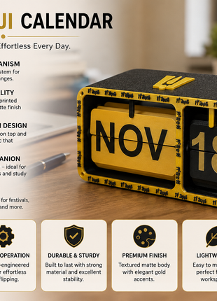 Balaji Flip Calendar | Black & Gold Manual Flip Desk Calendar with Month & Date Display | Decorative Perpetual Table Calendar for Office Desk, Study Table, Workstation, Home Décor & Gifting