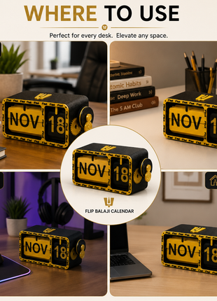 Balaji Flip Calendar | Black & Gold Manual Flip Desk Calendar with Month & Date Display | Decorative Perpetual Table Calendar for Office Desk, Study Table, Workstation, Home Décor & Gifting