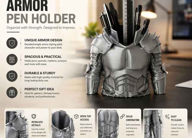 Knight Armor Desk Organizer | 3D Printed Medieval Pen Holder | Premium PLA | Giftonique
