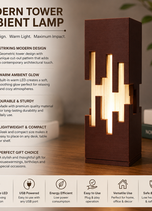 Tower Lamp | Modern Geometric Table Lamp with Warm Ambient Light | Decorative Bedside Night Lamp for Bedroom, Living Room, Study Table, Office Desk & Gifting