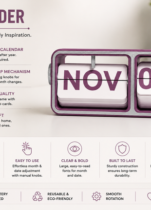 Purple Flip Desk Calendar | Manual Perpetual Calendar with Month & Date Display | Decorative Table Calendar for Office Desk, Study Table, Bedside Table, Home Décor & Gifting