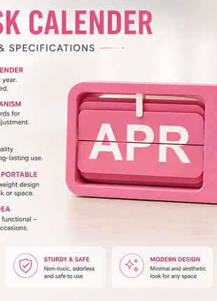 White Pink Flip Desk Calendar | Manual Perpetual Calendar with Month & Date Display | Decorative Table Calendar for Office Desk, Study Table, Bedside Table, Home Décor & Gifting