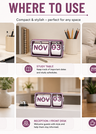 Purple Flip Desk Calendar | Manual Perpetual Calendar with Month & Date Display | Decorative Table Calendar for Office Desk, Study Table, Bedside Table, Home Décor & Gifting