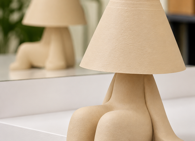 Nordic sitting figure table lamp with textured matte beige finish for modern bedroom and living room decor.