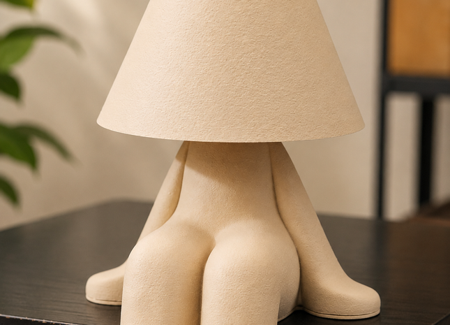 Unusual lamp with a beige shade on a dark surface, resembling a creature with multiple legs.