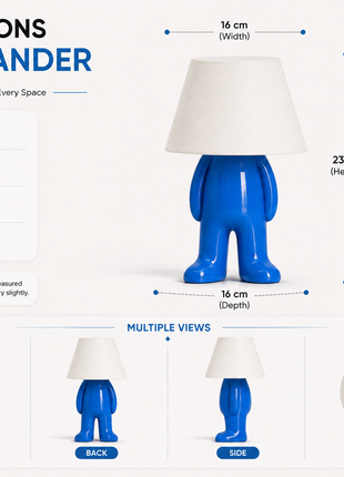 The Stander Lamp | Modern Character Table Lamp with White Fabric Shade & Blue Standing Base | Cute Decorative Bedside Lamp for Bedroom, Living Room, Study Table, Kids Room & Gifting | Warm Ambient Light